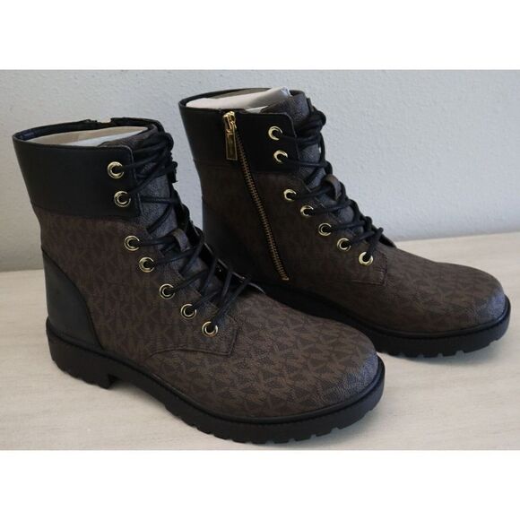 Michael Kors Women Sz 10M Brwn/Blck Alistar Lace-Up Lug Sole Combat Booties $160 - Picture 5 of 8